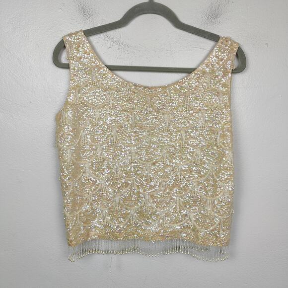 Vintage Beaded Top Womens Small 100% Wool Tank‎ Cream Flapper Dancer 60s 70s - Picture 1 of 10